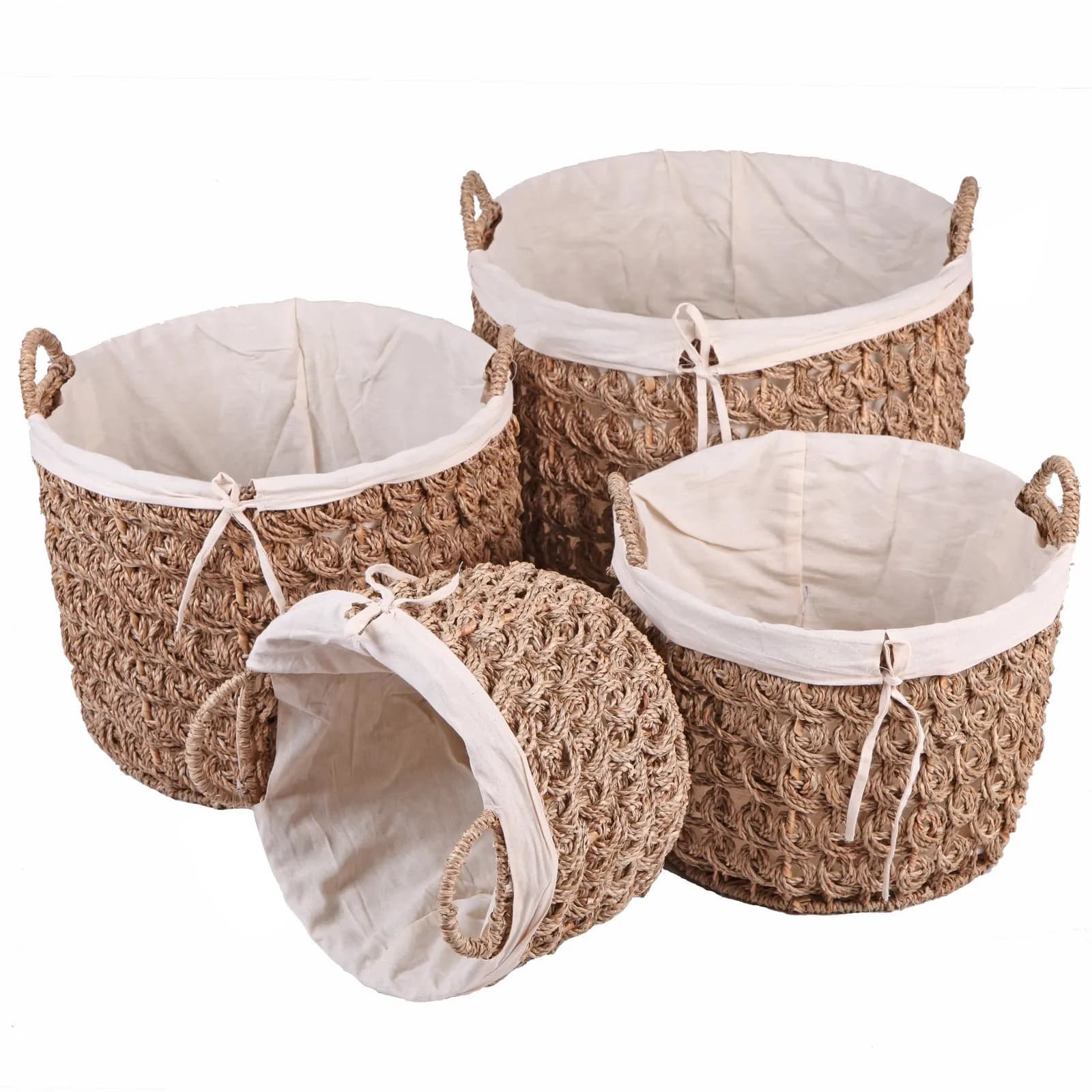 Yuvarlak Kulplu Bezli Hasır Saksılık S/4 - K. ÇAP: 36 CM H: 27 CM