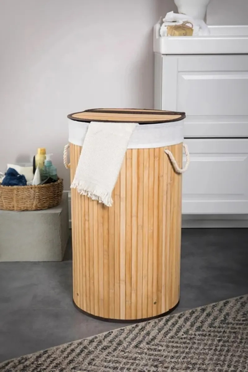 Yuvarlak Bambu Çamaşır Sepeti Natural