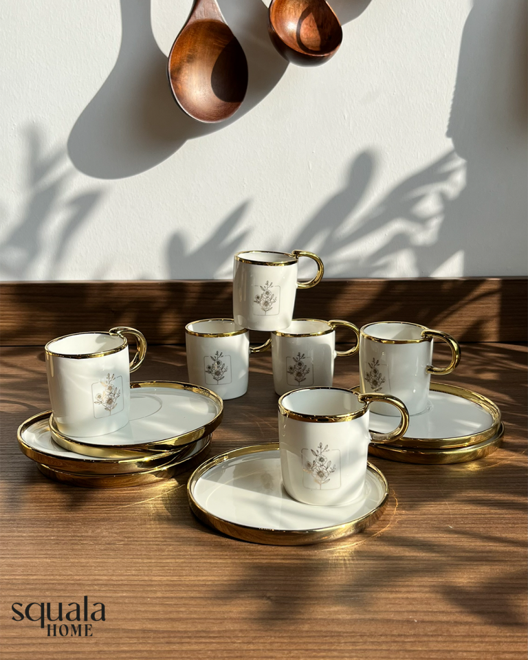 Ottella Beyaz Yaldızlı Kahve Fincan Takımı