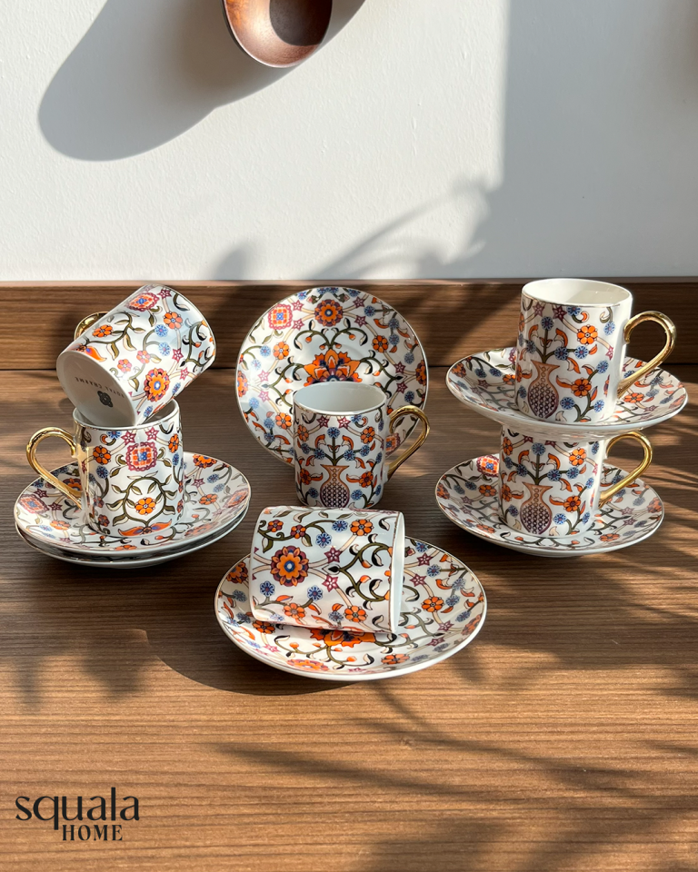 6 Kişilik Kahve Fincan Takımı Kırmızı Motifli