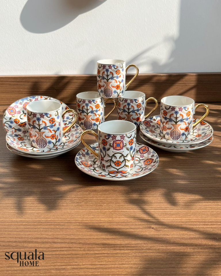 6 Kişilik Kahve Fincan Takımı Kırmızı Motifli