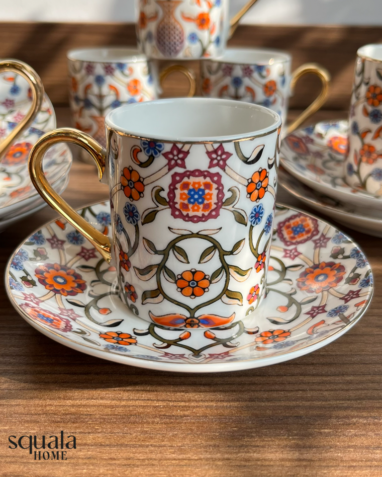 6 Kişilik Kahve Fincan Takımı Kırmızı Motifli