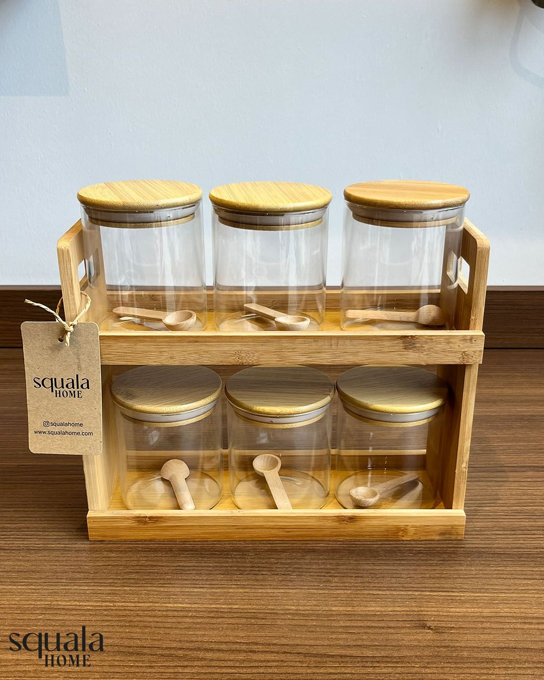 Bambu Stantlı Cam Baharatlık 6 Bölmeli
