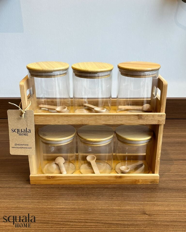 Bambu Stantlı Cam Baharatlık 6 Bölmeli