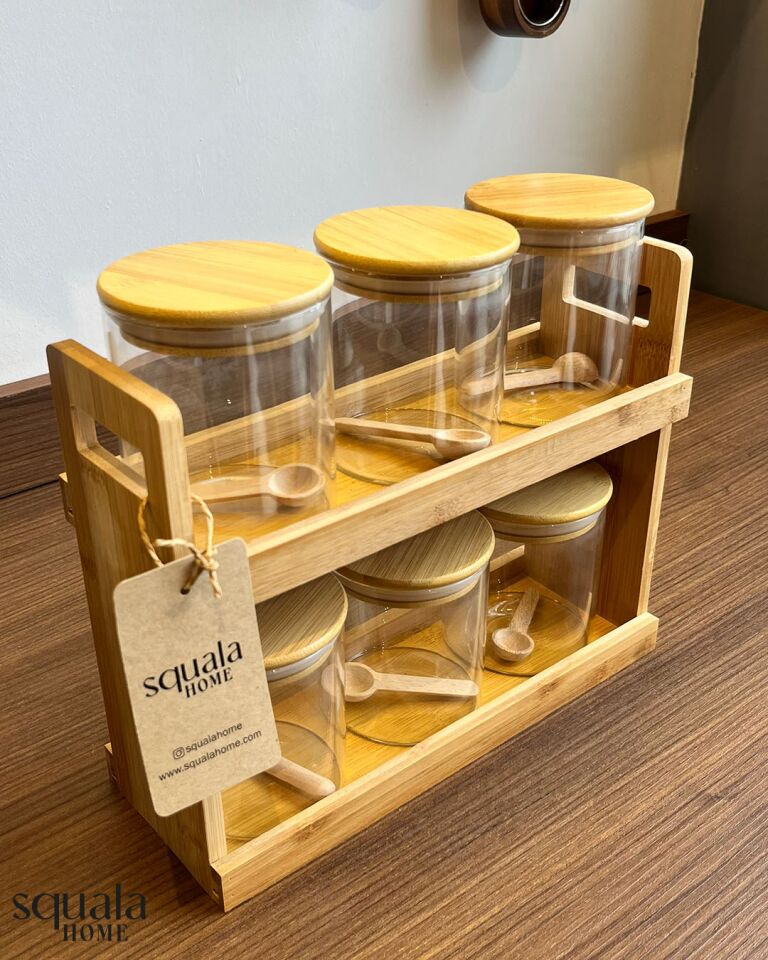 Bambu Stantlı Cam Baharatlık 6 Bölmeli