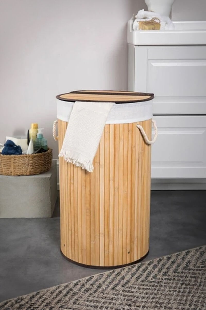Yuvarlak Bambu Çamaşır Sepeti Natural