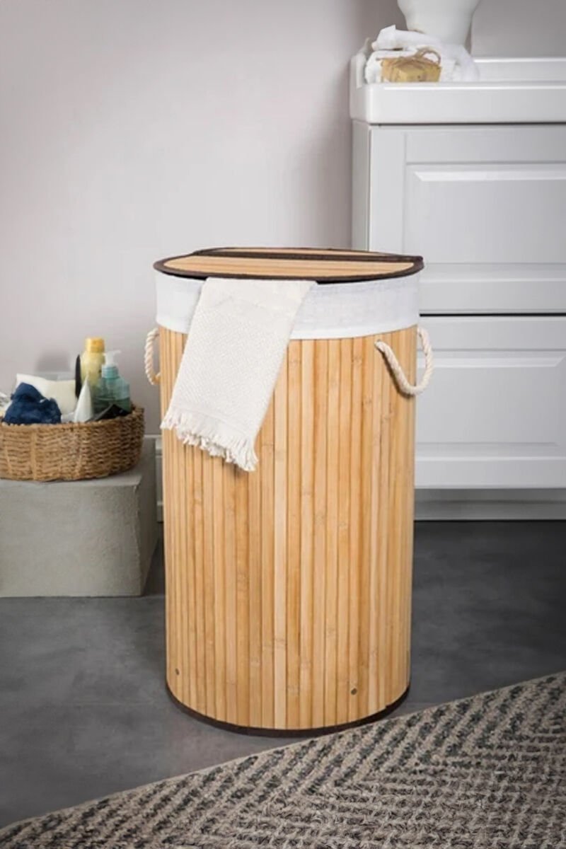 Yuvarlak Bambu Çamaşır Sepeti Natural