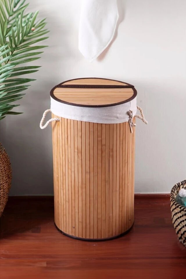 Yuvarlak Bambu Çamaşır Sepeti Natural