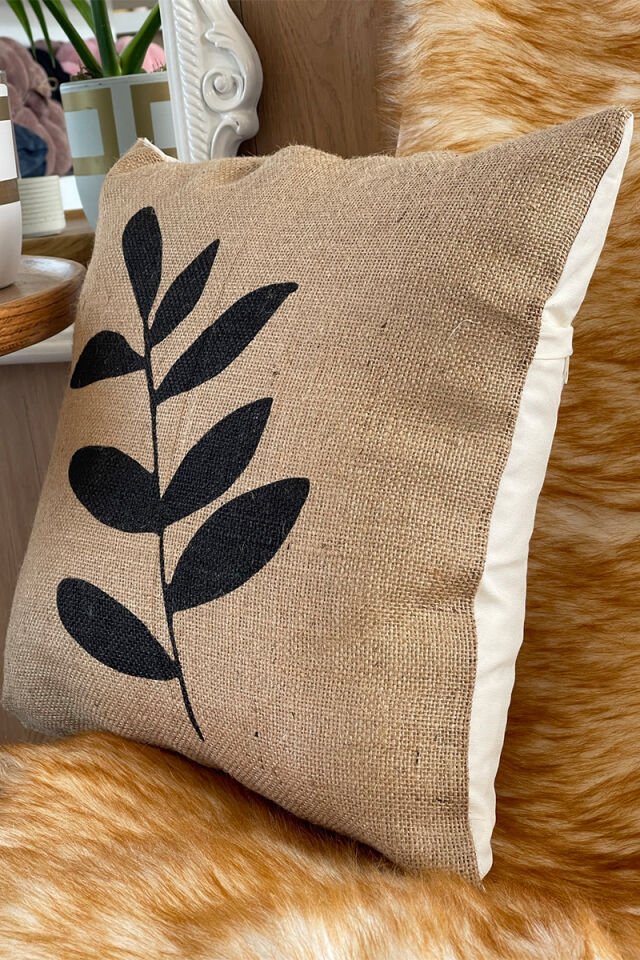 Zeytin Dalı Desenli Jüt Kırlent 50x50 Cm