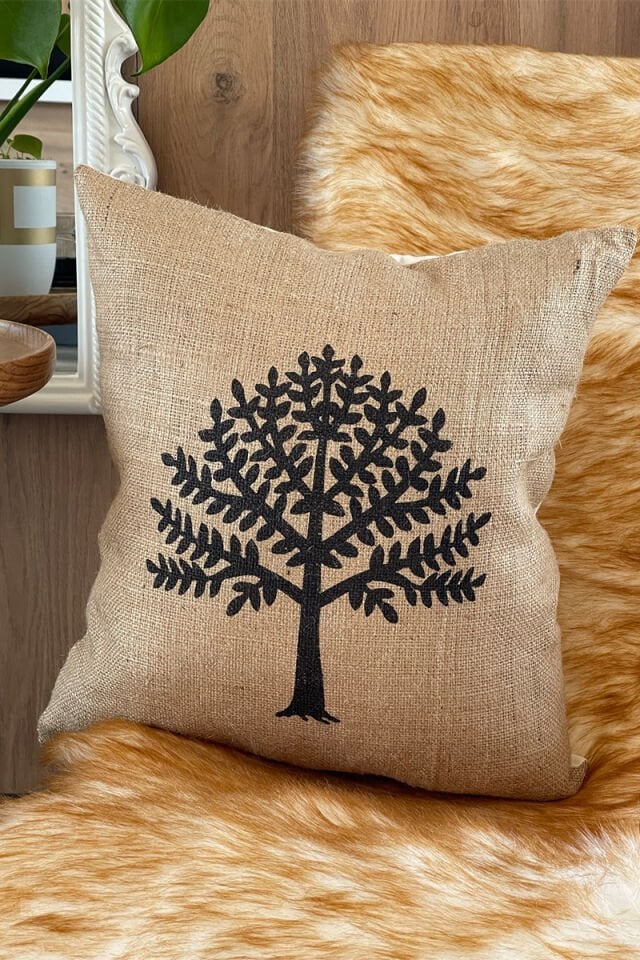 Hayat Ağacı Desen Jüt Kırlent 50x50 Cm