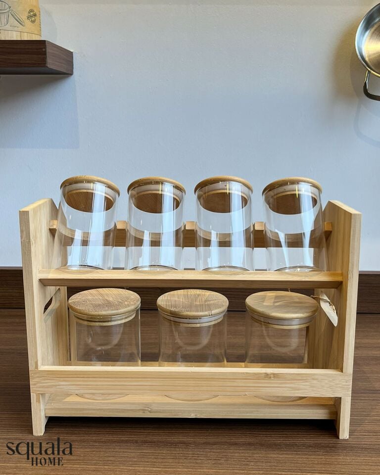 Bambu Stantlı Cam Baharatlık 7 Bölmeli