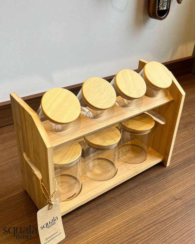 Bambu Stantlı Cam Baharatlık 7 Bölmeli