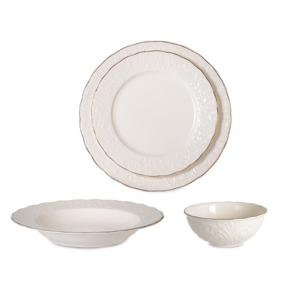 Krem Altın Yaldızlı Pera 24 Parça Yemek Takımı